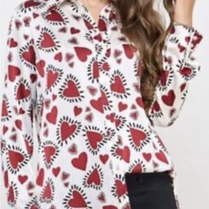 Red and White Long Sleeve Button Down Shirt